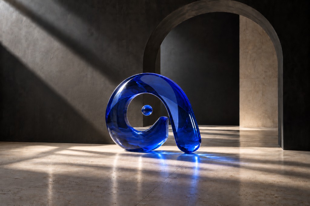 Sculptural blue glass in a quiet architectural gallery